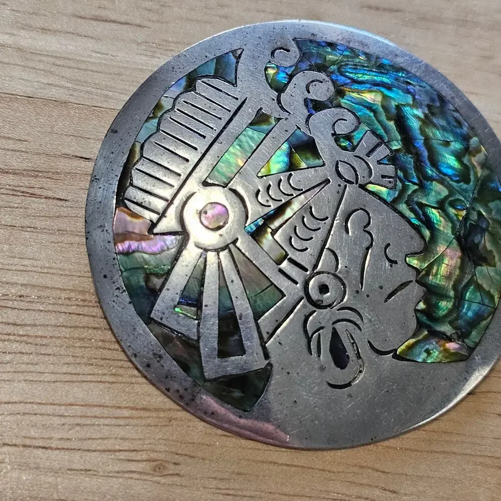 Vintage Narvaez Taxco Sterling Silver & Abalone Aztec Warrior Brooch & Pendant